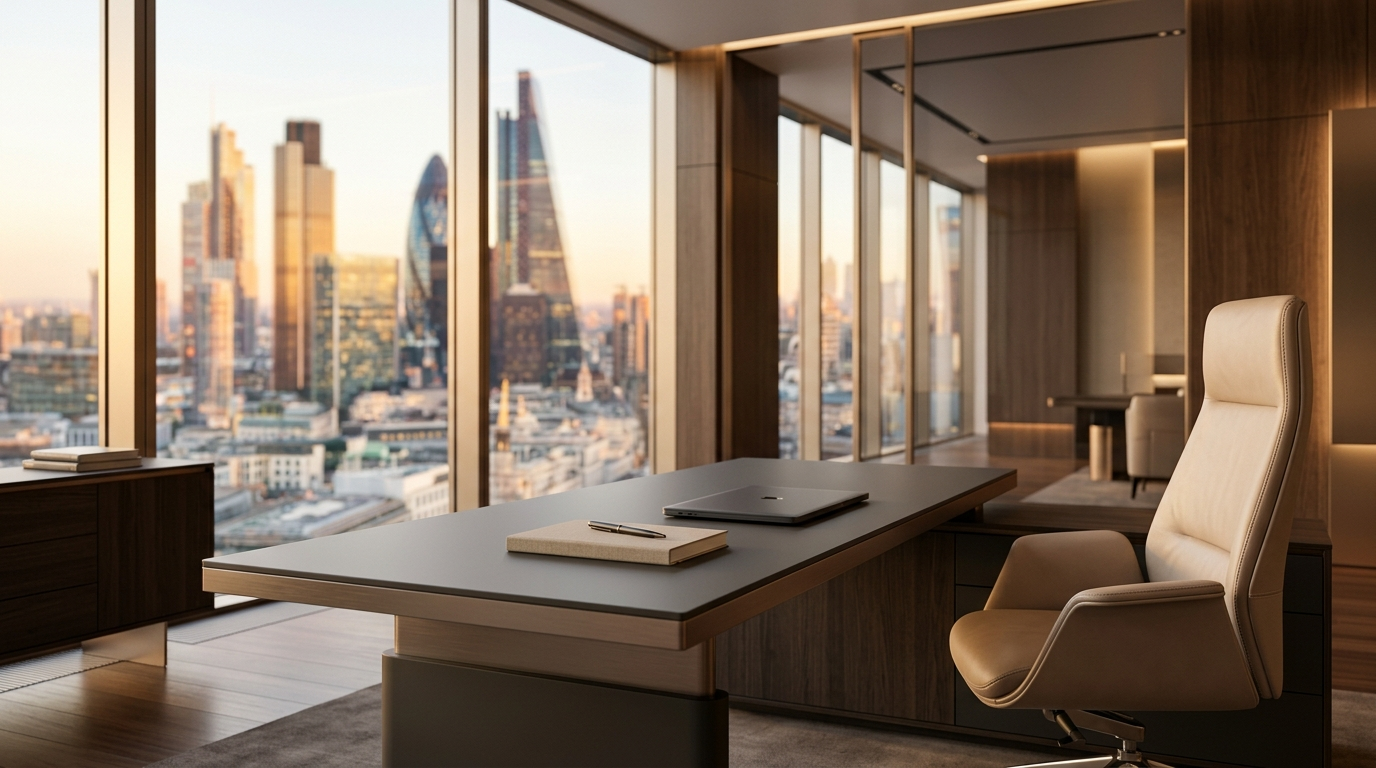1. Broker office London City panorama at sunset with leather chair and dark executive desk.