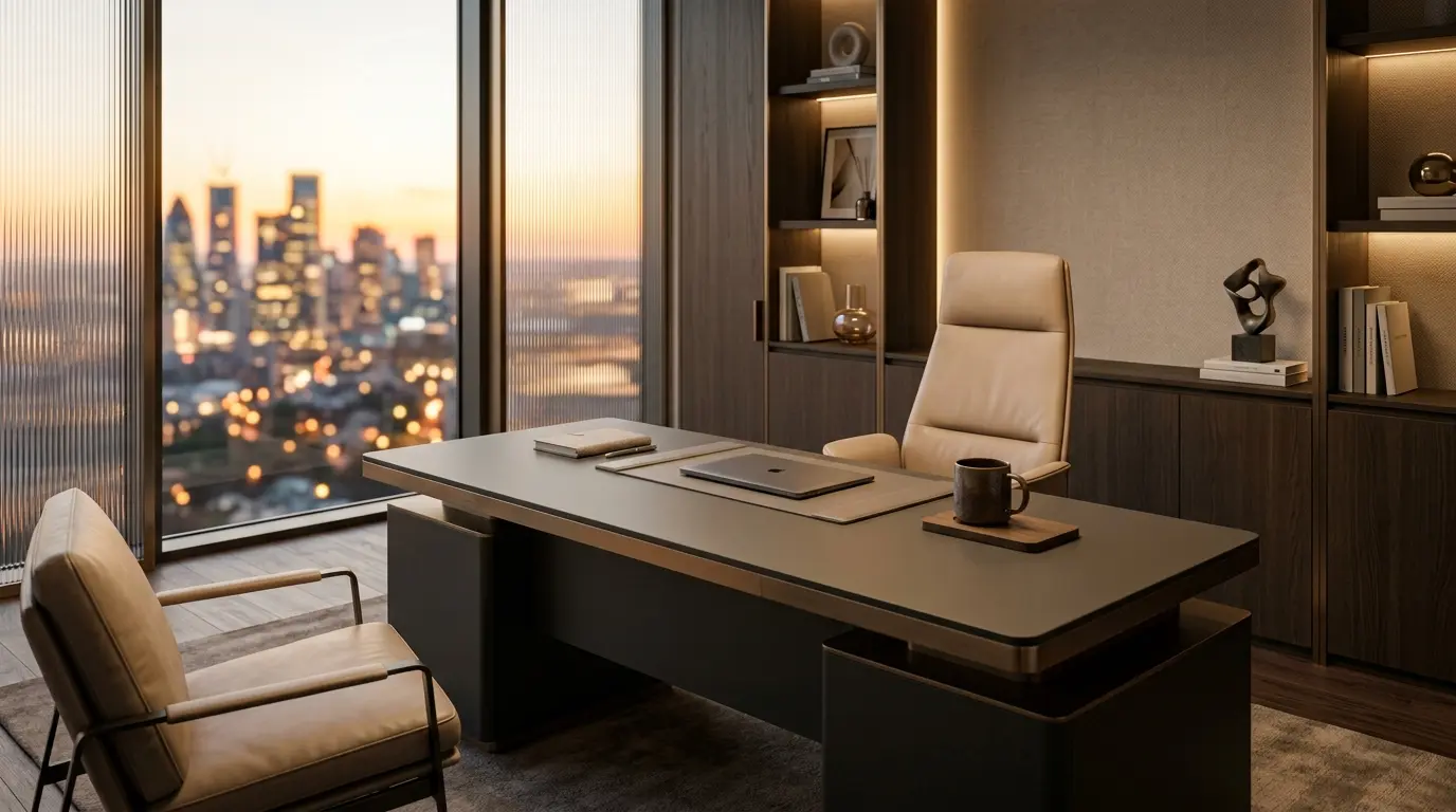 1. Executive trading desk London with closed laptop and notebook on a dark surface.