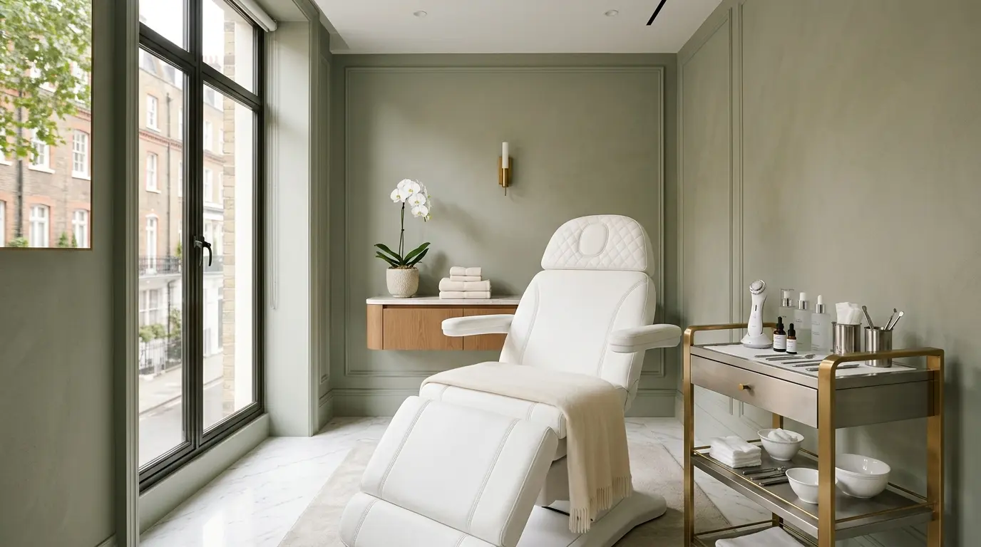 1. London beauty clinic room with white upholstered chair and gold-trimmed furnishings.