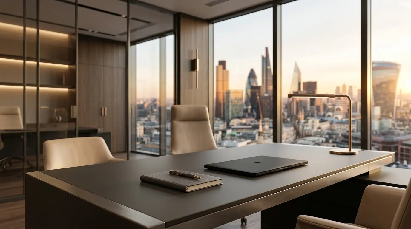 1. Premium financial workspace London with City panorama and warm ambient office lighting.