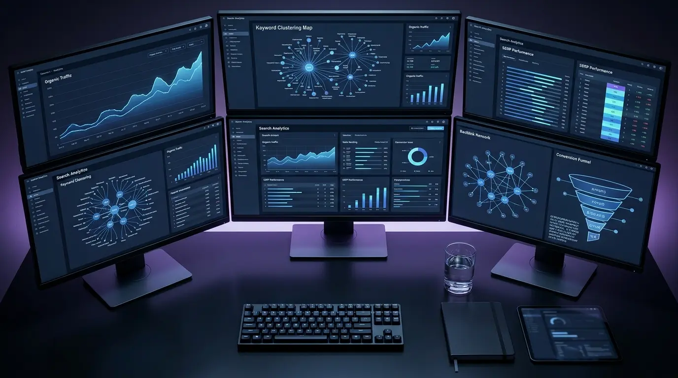 1. Search analytics dual monitor desk setup with keyword clustering and backlink network.